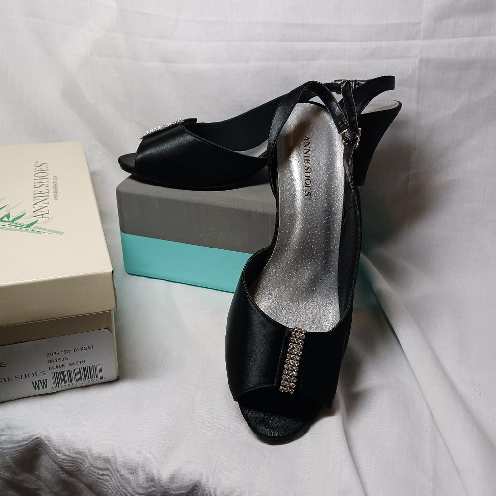 Annie Black Satin and Rhinestone Slingback Heels 11WW